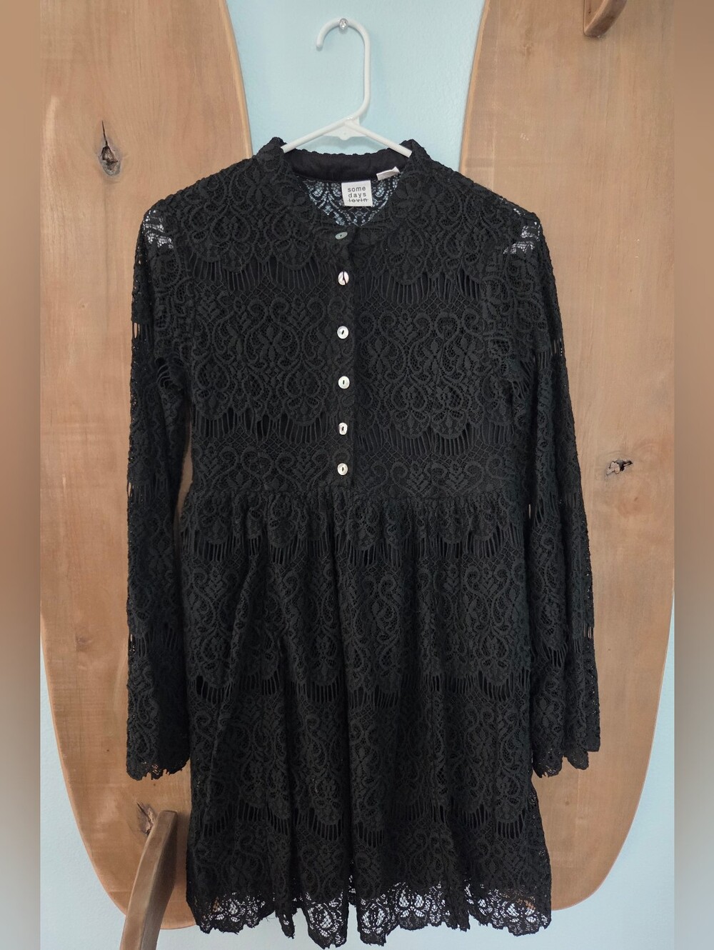 Somedays Lovin Black Lace Button-Front Long Sleeve Dress